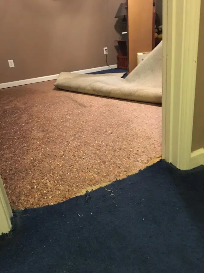 Carpet pad removal revealing water damage during Water Mitigation Services in Baxter Village